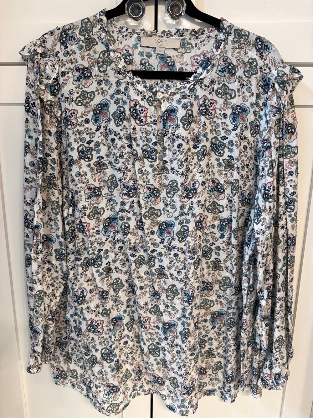 LOFT White Long-Sleeve Floral Print Blouse with Blue & Pink Accents
